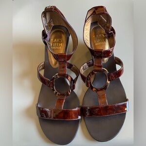 Saks Fifth Avenue Women's T-Strap Patent Tortoiseshell Brown Sandals